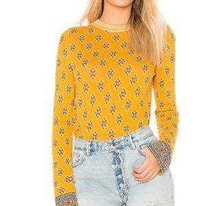 Free People Yellow Patterned Crew Neck Sweater